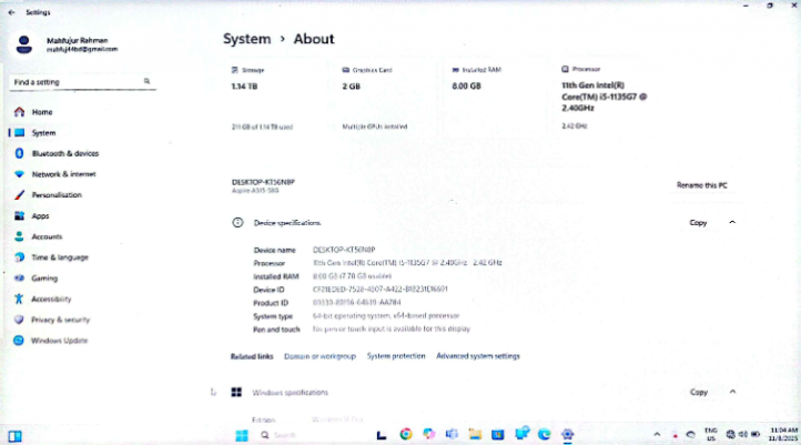 Acer Aspire3, i5 11gen, 8gb ram, 1tb hdd+256ssd